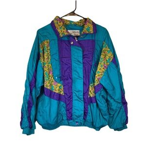 Vintage Retro Windbreaker Jacket 80s-90s Teal Purple Yellow Printed Size Medium